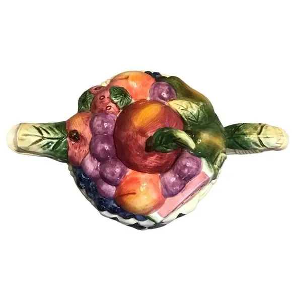 SUSAN WINGET Certified Teapot Ceramic Fruit-Basket Weave Design Approx. 14 x 8 - Picture 4 of 9